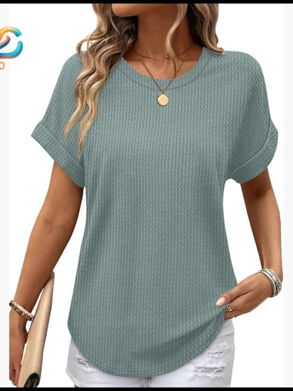 Waffle Knit Short Sleeve T-Shirt Loose Fit Crew Neck Curved Hem Top